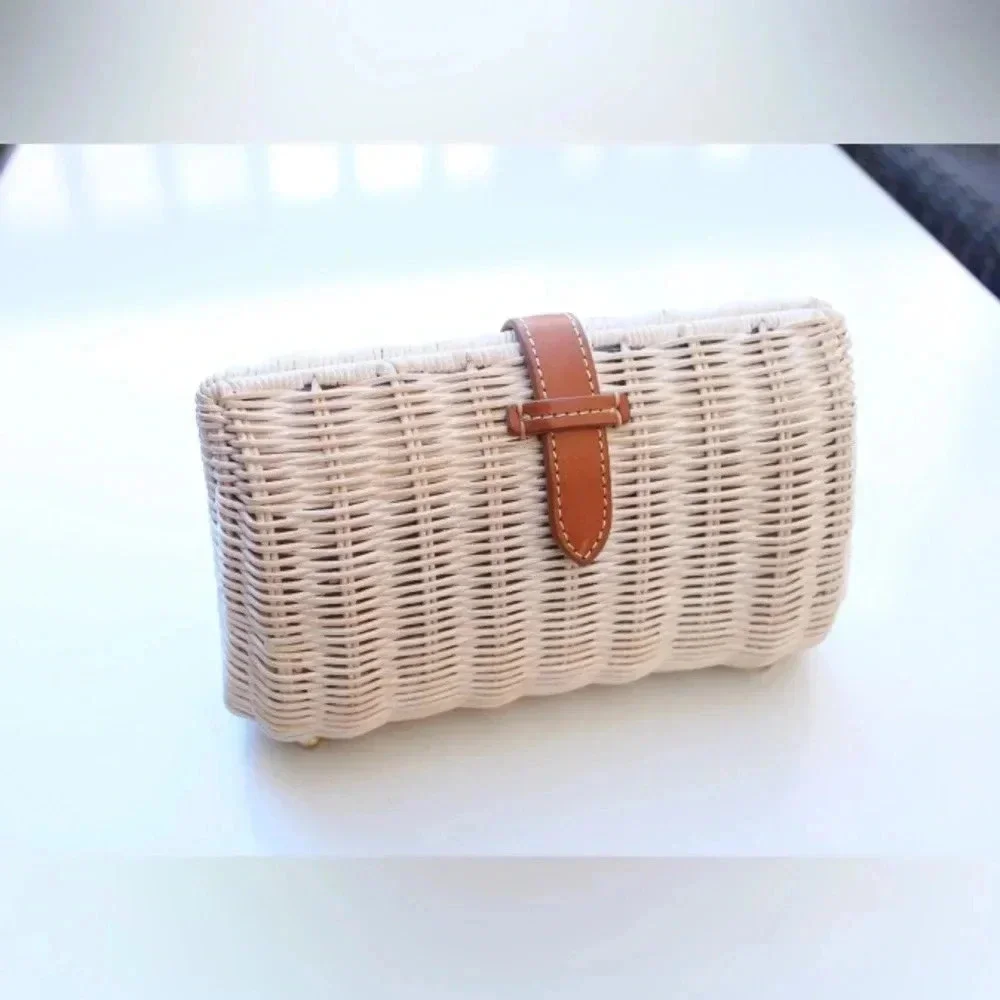J. McLaughlin Cream Wicker Clutch with Tan Leather Strap